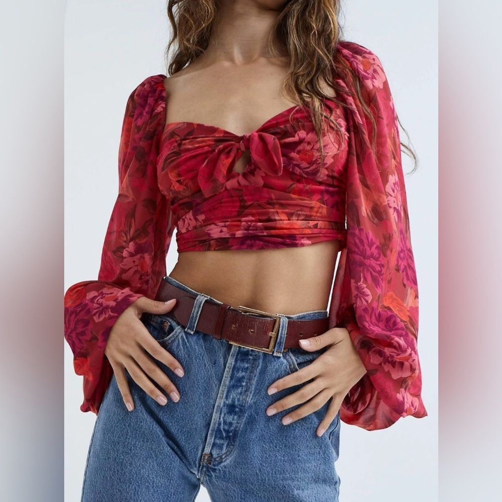 For Love and Lemons | Trisha Floral Crop Top in Red | Sz M